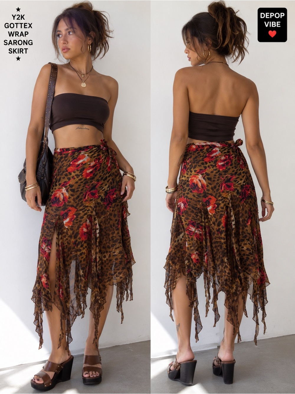 Gottex Y2K Leopard Floral handkerchief hem wrap skirt M/L Boho Resort